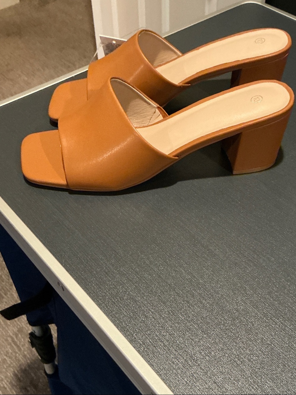 Womens Tan Slide Mules with Low Block Heel
